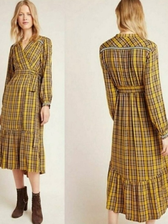 Anthropologie Dresses & Skirts - Anthropologie Dalton Wrap Dress Mustard Yellow Plaid Long Sleeve LP
